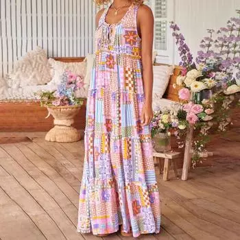 Весенние и летние повседневные женские летние длинные платья без рукавов с принтом и круглым вырезом XXL розовый