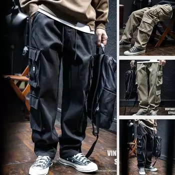 Весенние и летние прямые свободные рабочие брюки мужские многокарманные большие размеры для спорта на открытом воздухе ретро повседневные брюки мужские повседневные брюки одежда рабочие брюки M хаки