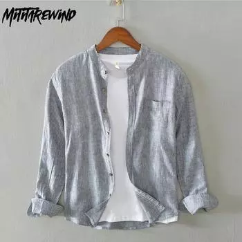 Весенние и летние рубашки для мужчин, повседневные хлопковые и льняные дышащие мужские рубашки с воротником-стойкой, полосатая рубашка с длинными рукавами, универсальные повседневные топы S небесно-голубой