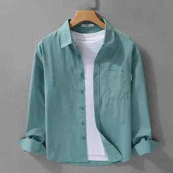 Весенние и летние рубашки с длинным рукавом для мужчин, повседневная однотонная повседневная рубашка с воротником-лацканами из 100 хлопка на пуговицах, простая мужская одежда M белый