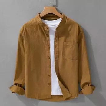 Весенние и летние рубашки с длинным рукавом для мужчин, повседневная однотонная повседневная рубашка с воротником-стойкой из 100 хлопка на пуговицах, простая мужская одежда M легкие хаки