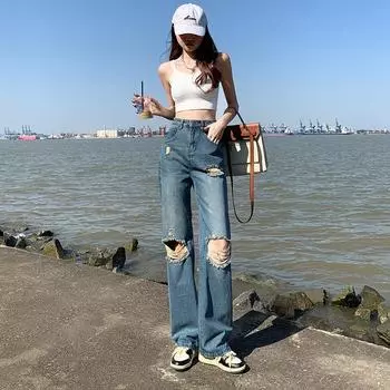 Весенние и летние рваные джинсы, женские свободные брюки с высокой талией, ретро, модные широкие брюки в пол XS синий