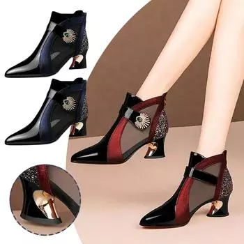 Весенние и летние сапоги в сетку на высоком каблуке, босоножки в сетку с полой сеткой, толстые каблуки, модная и универсальная женская обувь, сандалии, женские ботинки 40 винный