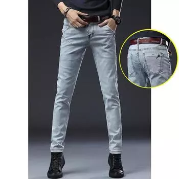 Весенние и летние серые джинсы, мужские приталенные брюки, длинные брюки на небольшую ногу, мужская корейская версия, универсальный, тонкий стиль, мужские повседневные брюки 29