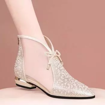 Весенние и летние сетчатые сапоги на низком каблуке с мешковиной, женские туфли с толстым каблуком и ажурной сеткой, модные босоножки со стразами и жемчугом 34 золотой