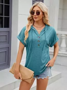 Весенние и летние свободные футболки с капюшоном и пуговицами, однотонные свободные топы, базовые блузки для женщин L чёрный