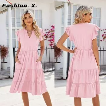 Весенние и летние свободные платья с V-образным вырезом и короткими рукавами и талией S розовый
