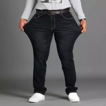 Весенние и летние свободные прямые брюки Брюки Среднего возраста эластичные джинсы большого размера Мужские тонкие джинсы большого размера 30 чёрный