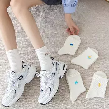 Весенние и летние тонкие японские милые радужные носки средней длины, корейская версия, белые вышитые хлопковые носки One size