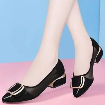 Весенние и летние туфли из мягкой кожи в сетку, универсальные толстые каблуки, неглубокий нос, мягкая поверхность, непривередливая женская обувь. 35 чёрный