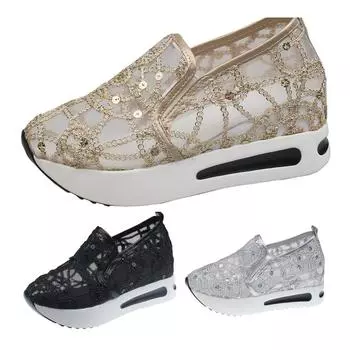Весенние и летние туфли на сетке, толстая подошва на наклонном каблуке, тапочки, повседневная обувь с низким верхом, модная верхняя одежда, тапочки, повседневная обувь, пляжная обувь 35 серебряный