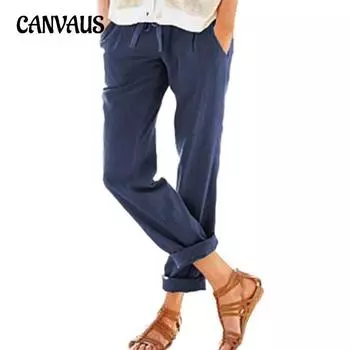 Весенние и летние женские брюки, однотонные хлопковые и льняные свободные повседневные брюки с широкими штанинами и эластичной резинкой на талии S серый