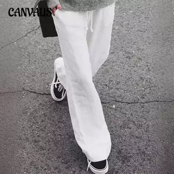 Весенние и летние женские брюки, однотонные хлопковые льняные свободные брюки с завязками на поясе, модные повседневные широкие брюки