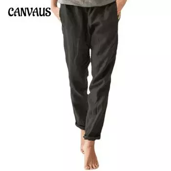 Весенние и летние женские брюки с эластичной резинкой на талии, однотонные повседневные брюки из хлопка и льна S серый