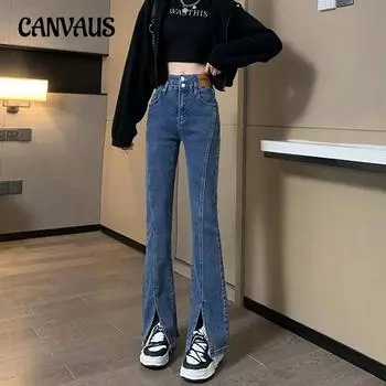 Весенние и летние женские джинсы-стрейч. Прямые брюки с высокой талией. Узкие открытые брюки с микроклешом. S чёрный