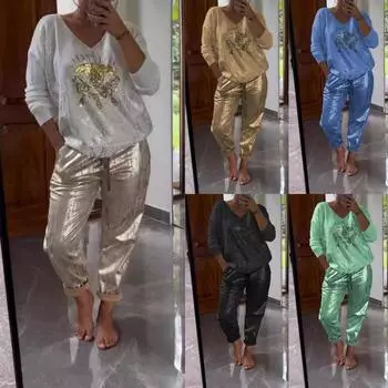 Весенние и летние женские модные костюмы, топы и брюки цвета бронзы, блестящие костюмы, женская одежда больших размеров XXXXXL белый