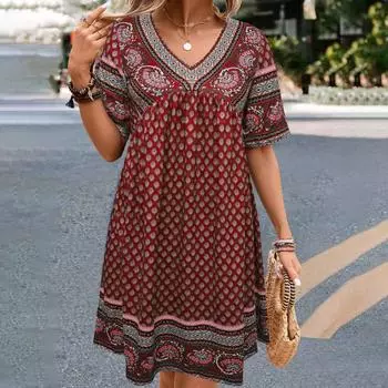 Весенние и летние женские модные повседневные платья с короткими рукавами и принтом в этническом стиле XXL синий