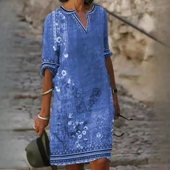 Весенние и летние женские новые повседневные платья с принтом и V-образным вырезом S зелёный