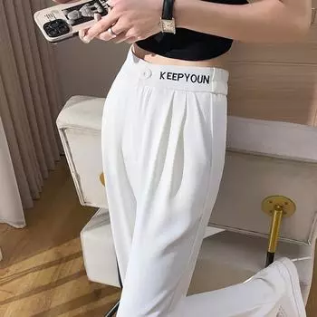 Весенние и летние женские новые высококачественные широкие брюки с вышивкой и высокой талией, свободные повседневные прямые брюки S белый