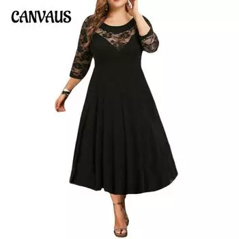 Весенние и летние женские платья, кружевные платья больших размеров с рукавами три четверти XL чёрный