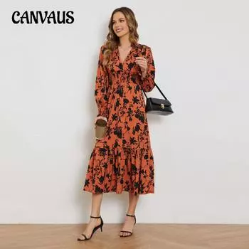 Весенние и летние женские платья с v-образным вырезом и длинными рукавами, высокой талией и цветочным принтом S