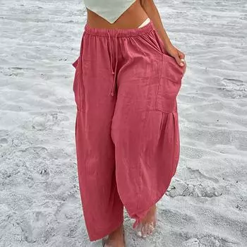 Весенние и летние женские плиссированные широкие брюки с высокой талией и эластичной резинкой на талии, свободные повседневные хлопковые льняные брюки XXXL белый