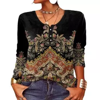 Весенние и летние женские повседневные свободные футболки с круглым вырезом и длинными рукавами S чёрный