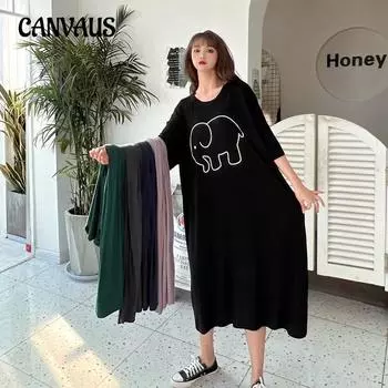 Весенние и летние женские принтованные платья больших размеров, свободные повседневные ночные рубашки One Size чёрный