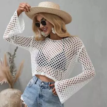 Весенние и летние женские свитера со свободным круглым вырезом и полыми рукавами S белый