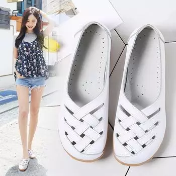 Весенние и летние женские туфли из дышащей воловьей кожи с плоским каблуком, повседневные туфли с ленивым носком и неглубоким носком 44 белый