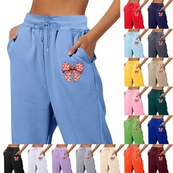 Весенние и однотонные принтованные модные женские повседневные брюки с карманами и шнурком L чёрный