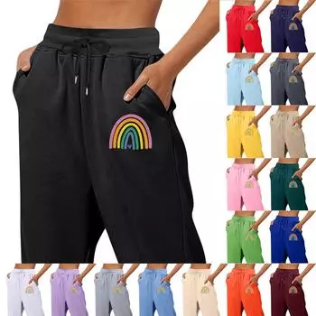 Весенние и однотонные принтованные модные женские повседневные брюки с карманами и шнурком L чёрный