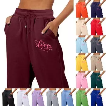 Весенние и однотонные принтованные модные женские повседневные брюки с карманами и шнурком L чёрный