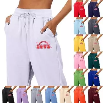 Весенние и однотонные принтованные модные женские повседневные брюки с карманами и шнурком L чёрный