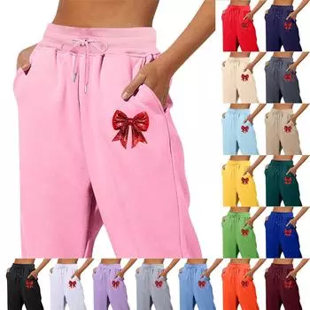 Весенние и однотонные принтованные модные женские повседневные брюки с карманами и шнурком L чёрный