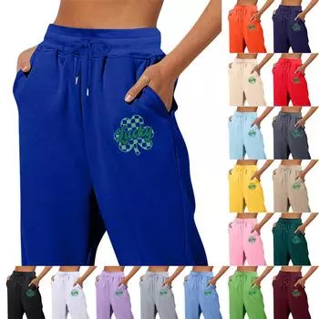 Весенние и однотонные принтованные модные женские повседневные брюки с карманами и шнурком S чёрный