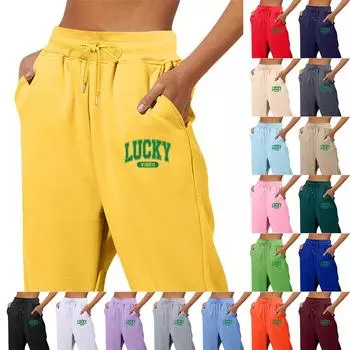 Весенние и однотонные принтованные модные женские повседневные брюки с карманами и шнурком M красный