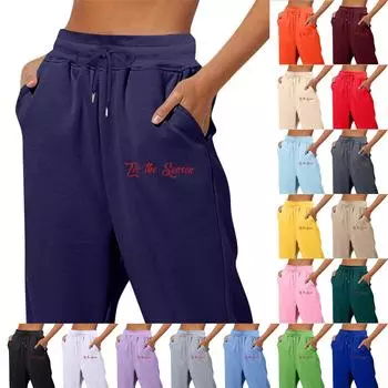 Весенние и однотонные принтованные модные женские повседневные брюки с карманами и шнурком L чёрный