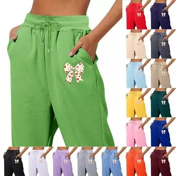 Весенние и однотонные принтованные модные женские повседневные брюки с карманами и шнурком L чёрный