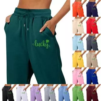 Весенние и однотонные принтованные модные женские повседневные брюки с карманами и шнурком L чёрный