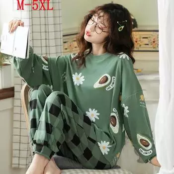 Весенние и осенне-летние хлопковые брюки с длинными рукавами, пижамы, женские пижамы для девочек, большой размер, свободный домашний костюм в клетку M