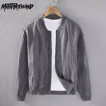 Весенние и осенние 100% льняные куртки для мужчин, японский ретро-стиль, воротник-стойка, повседневное свободное пальто, однотонная куртка на молнии, молодежная простая верхняя одежда M темно-синий
