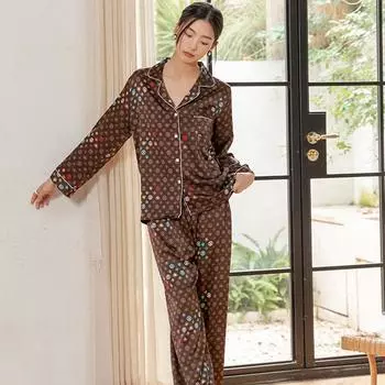 Весенние и осенние атласные пижамы с принтом на лацканах, женские брюки с длинными рукавами, домашняя одежда, свободная повседневная пижама из 2 предметов M