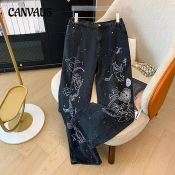 Весенние и осенние брюки больших размеров женские джинсы прямые принтованные джинсовые брюки 2XL чёрный