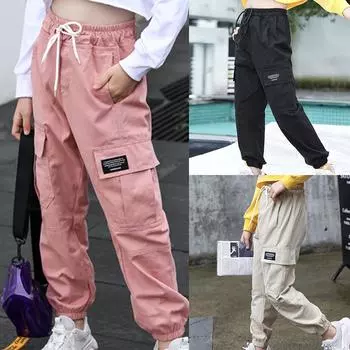 Весенние и осенние брюки для девочек Брюки-карго с буквами для девочек Карманы для детей Брюки повседневного стиля Детская одежда для девочек 160cm чёрный