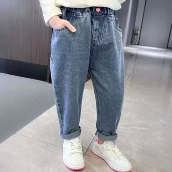 Весенние и осенние брюки для девочек и малышей, облегающие брюки для детей, повседневные джинсовые брюки для детей 130 синий