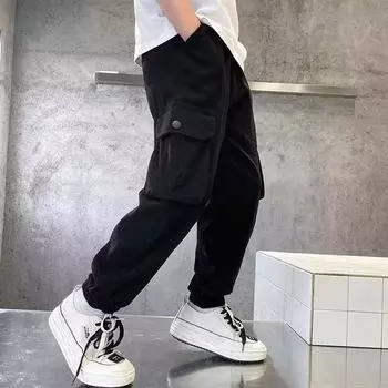 Весенние и осенние брюки для мальчиков Спортивные брюки для детей среднего и большого размера Утепленные брюки Детские повседневные брюки для детей 170cm чёрный