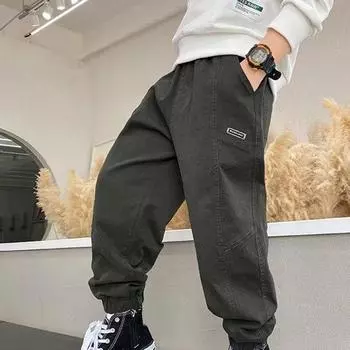 Весенние и осенние брюки-карго для мальчиков, брюки с карманами, детские джоггеры, средние и большие брюки, леггинсы, спортивные брюки с принтом, повседневные брюки для детей и мальчиков 170 чёрный