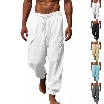 Весенние и осенние брюки мужские из хлопка и конопли, повседневные брюки с несколькими карманами, завязывающиеся веревкой, однотонные, свободные, большого размера, рабочая одежда, длинные брюки мужские S белый