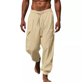 Весенние и осенние брюки мужские из хлопка и конопли, повседневные брюки с несколькими карманами, завязывающиеся веревкой, однотонные, свободные, большого размера, рабочая одежда, длинные брюки мужские S белый